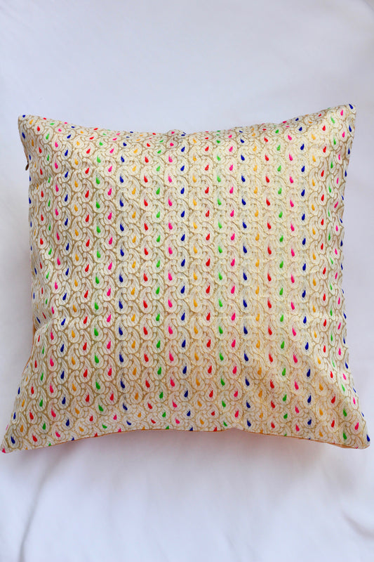 Off white multi coloured brocade cushion cover